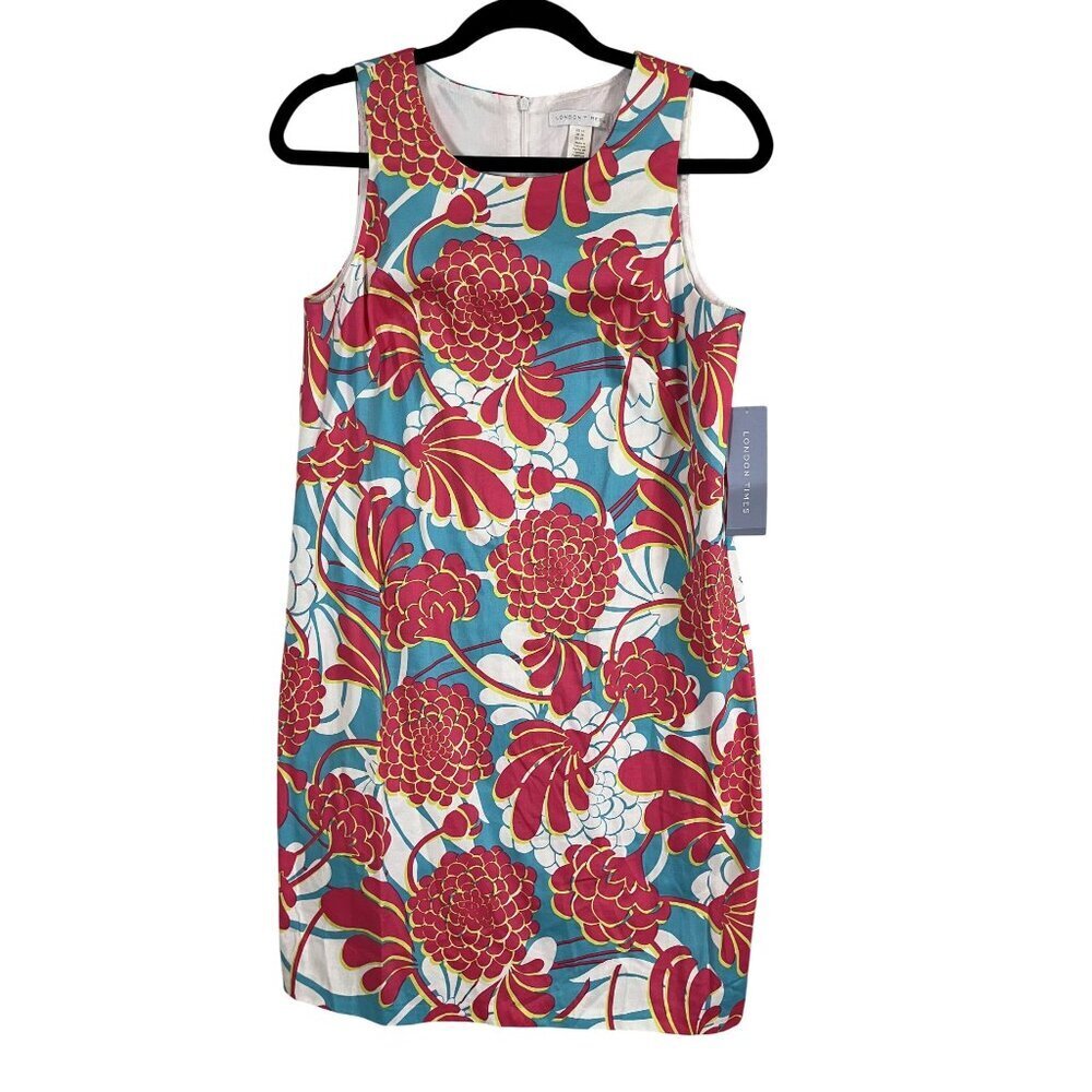 London Times Teal, Red & White Floral Sleeveless Midi Dress